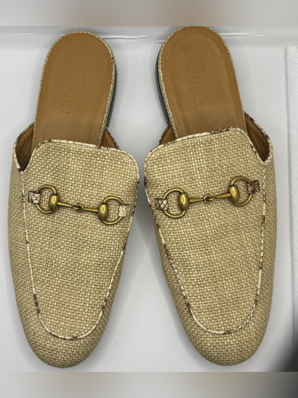 Gucci Princetown Raffia Straw Snakeskin Horsebit Mule Loafers Size 7